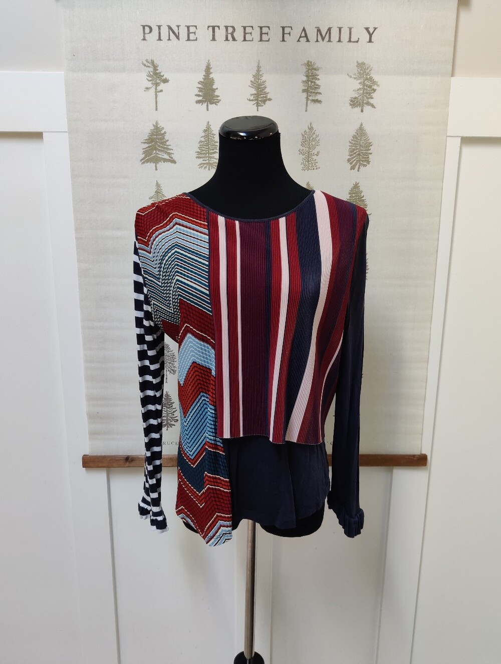 Desigual Mixed Media Pleated Long Sleeve Top – Abstract Stripe Chevron - Sz LG